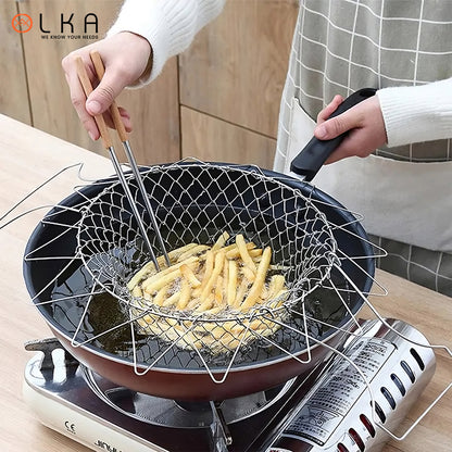 Stainless Steel Foldable Steam Rinse Strain Fry Basket Strainer Net Deep Frying Basket Colander